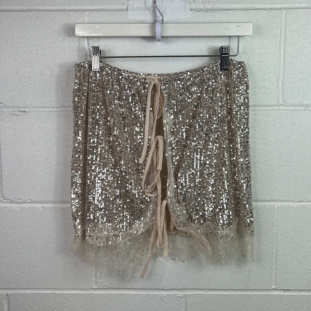 New Free People Gold Rush Half-Slip Miniskirt Sz L Sequins Mini lace up sexy - Picture 5 of 8